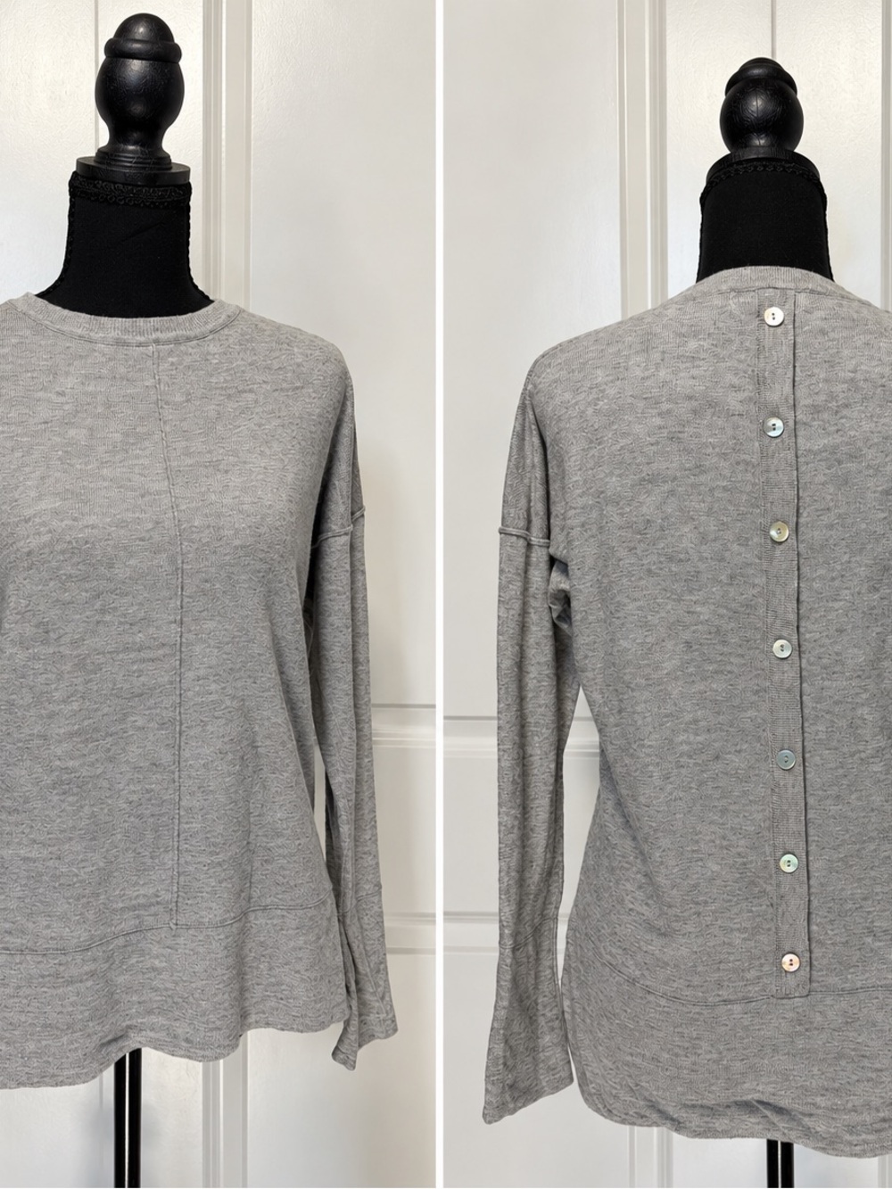 Crewneck Long Sleeve Button-Back Sweater - Gray